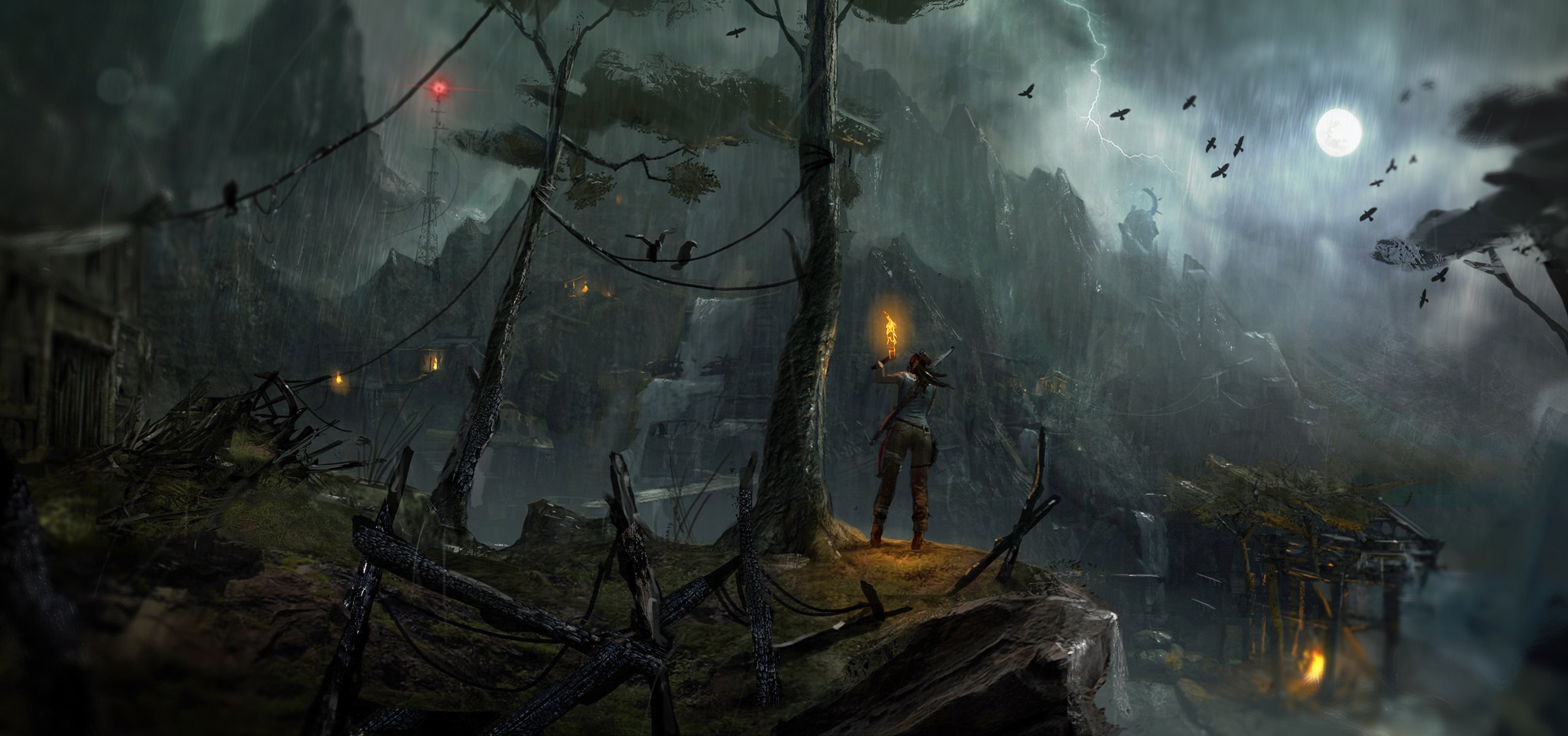 tomb raider girl rain lara croft tomb raider lightning moon birds torch