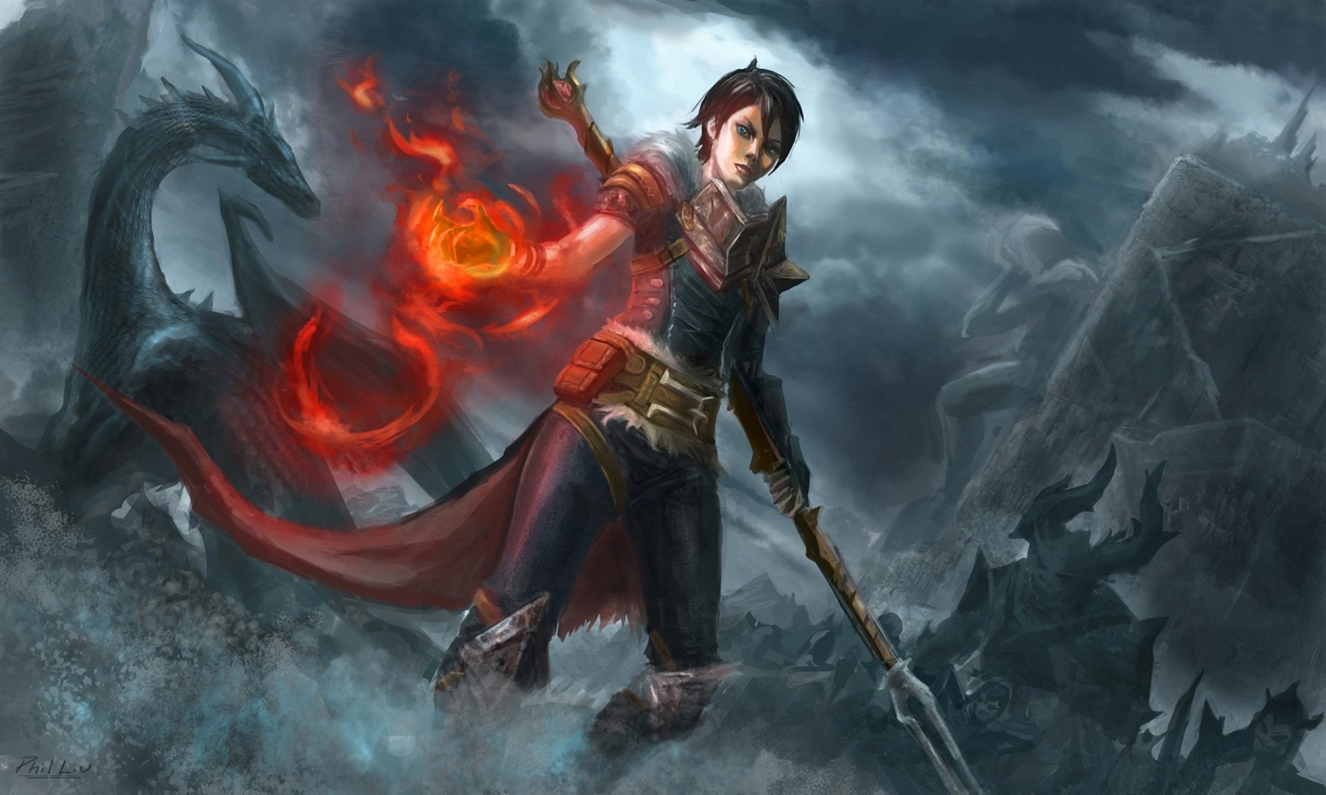 art dragon age hawk fille magicien dragon bataille magie bâton feu orc armée statue sculpture kirkwall