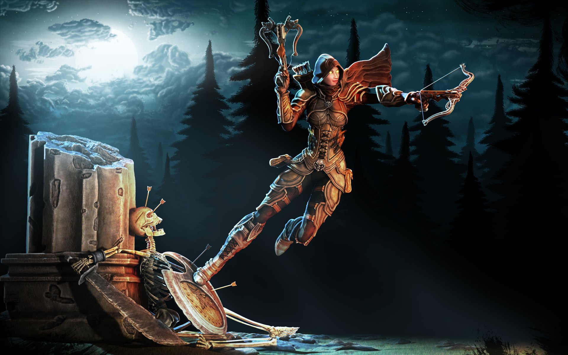 diablo 3 art demon hunter hunter demon armour coat weapon crossbow skeleton ruins shield sword bolts night forest moon