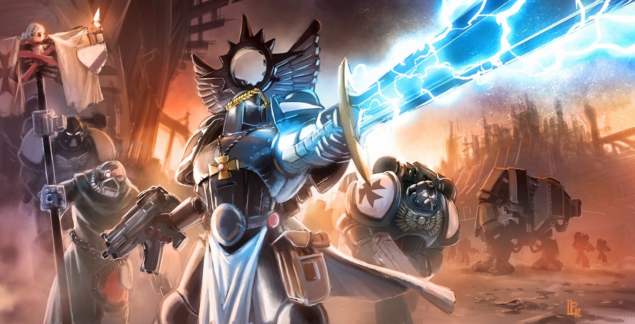 kunst pierre loyvet warhammer 40k krieg waffe schwert maschinengewehr rüstung blitz kreuz banner schwarze templer