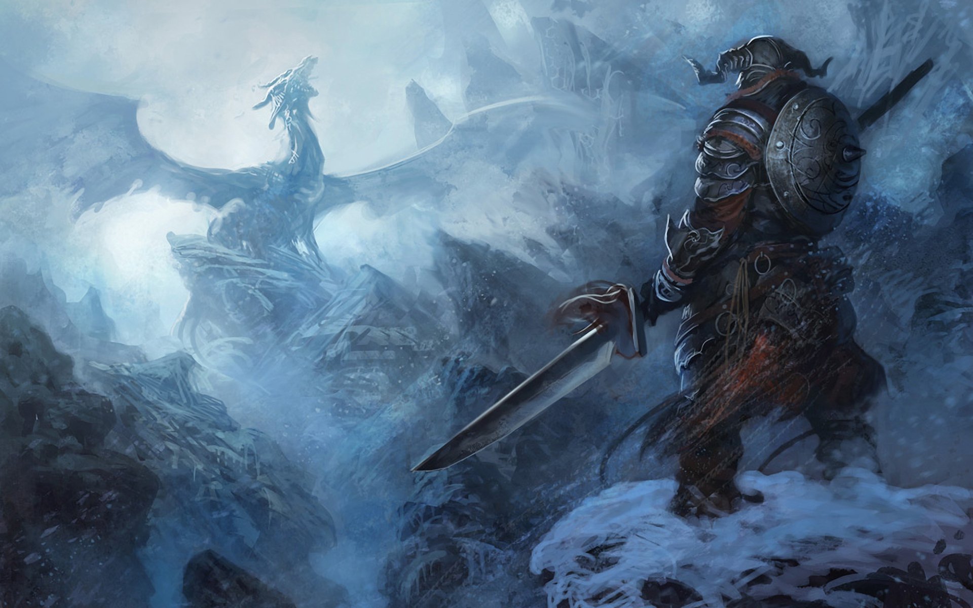 the elder scrolls skyrim wojownik zbroja góry śnieg smok