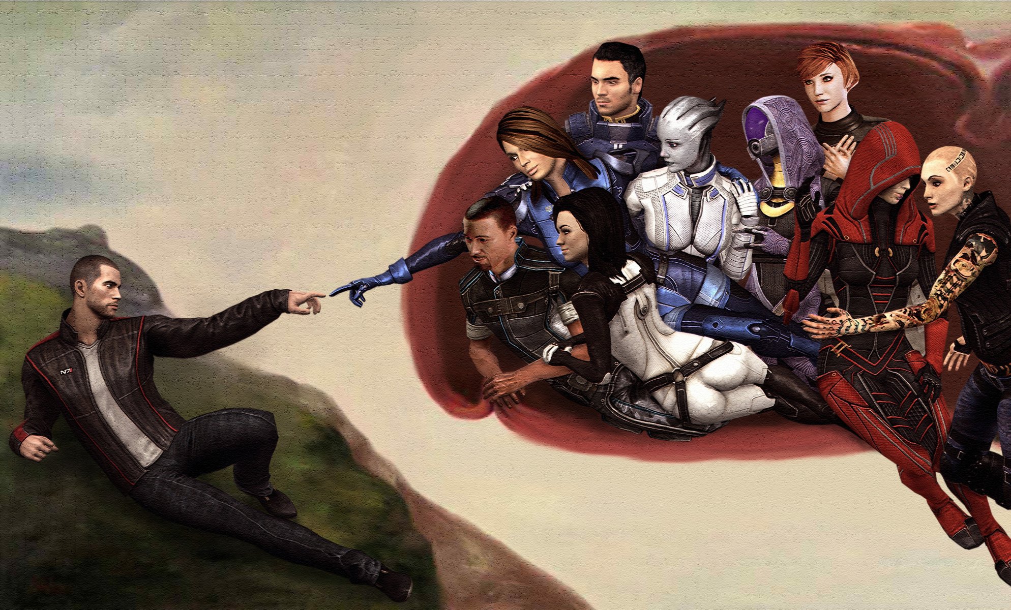 kunst mass effect fan art shepard team wandbild hände adam schöpfung nest miranda kelly estebana ashley kayden liara n7 charaktere