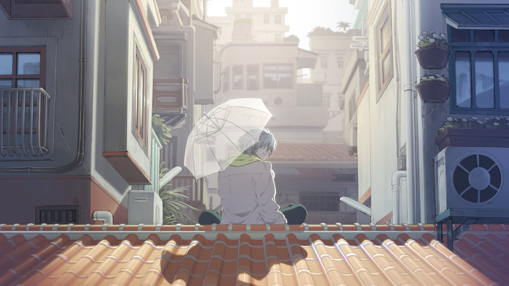 meurtre dramatique clair gars parapluie toit assis manteau blanc écharpe journée ensoleillée ville