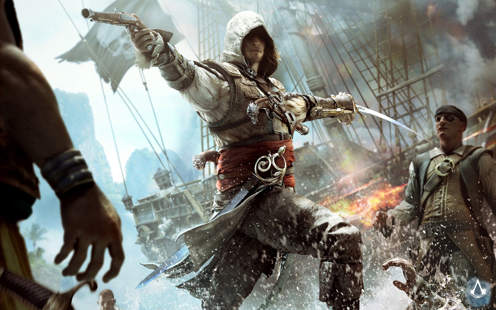 assassin creed iv: czarna flaga zabójca pirat edward kenway pistolet miecz flaga statek