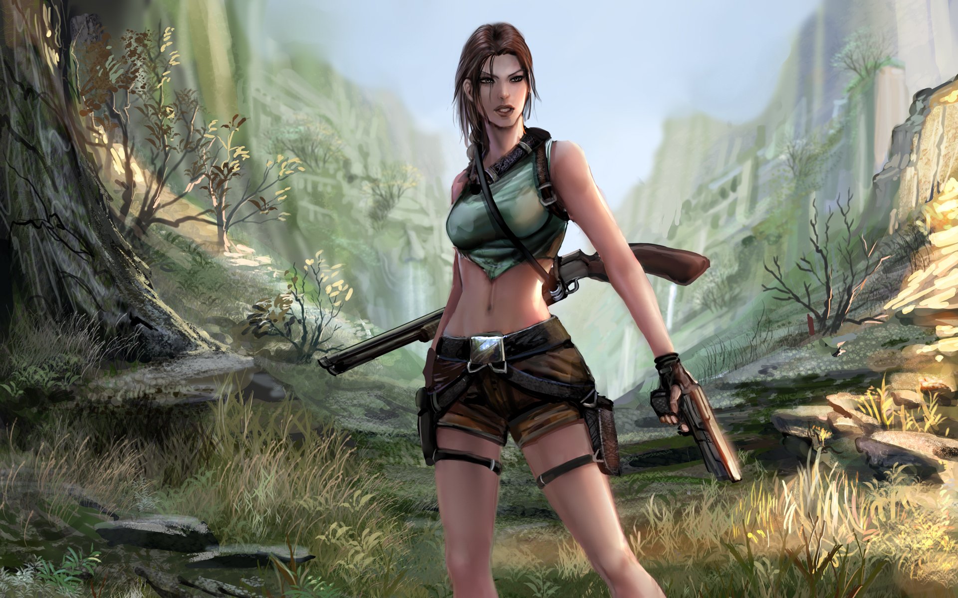 tomb raider lara croft ragazza pistola fucile da caccia gola alberi posa ombra