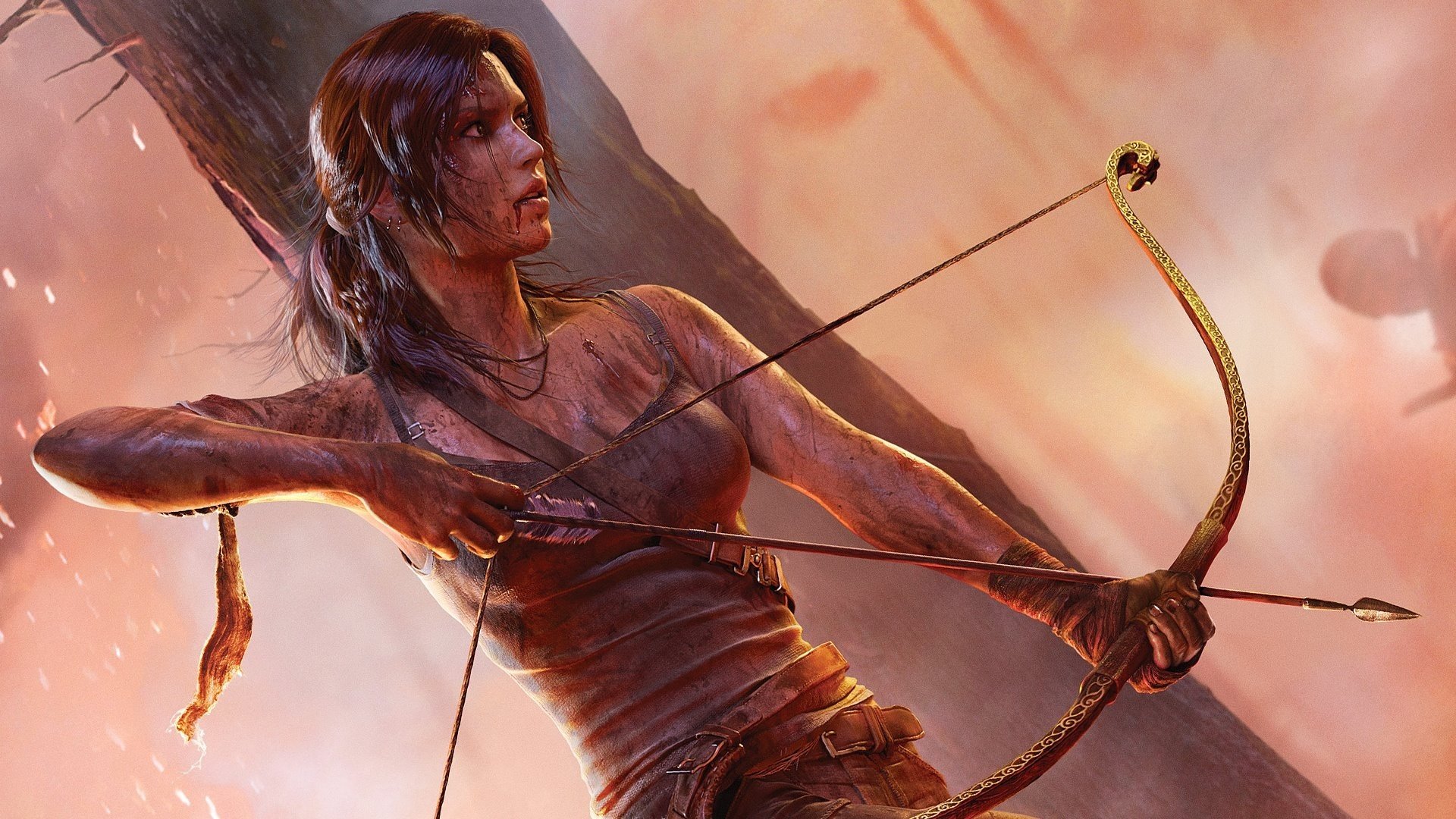 lara croft tomb raider arco armi sangue fango vestiti