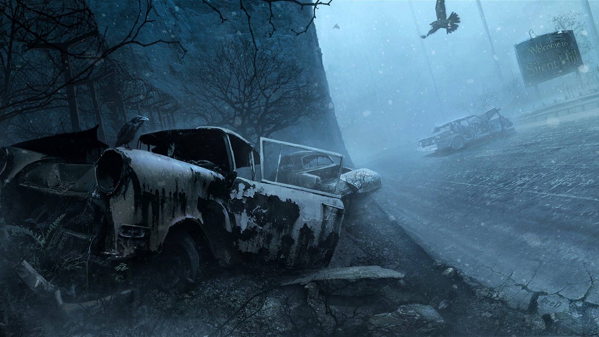 ilent hill witamy w silent hill noc samochody śnieg zima ptaki