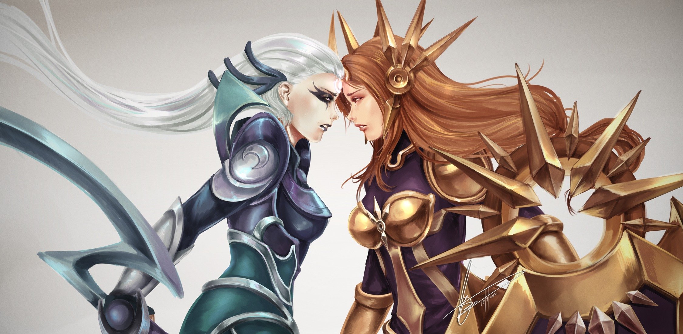 arte league of legends diana leona ragazze armatura faccia a faccia