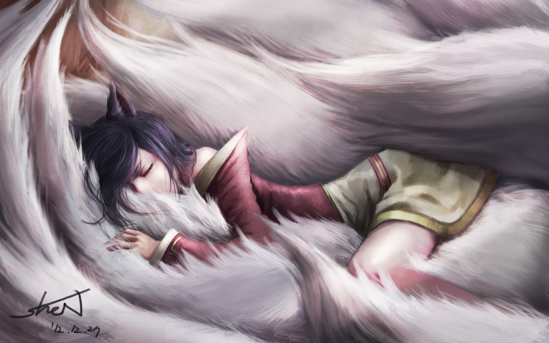 art ligue des légendes ahri fille sommeil dormir queues