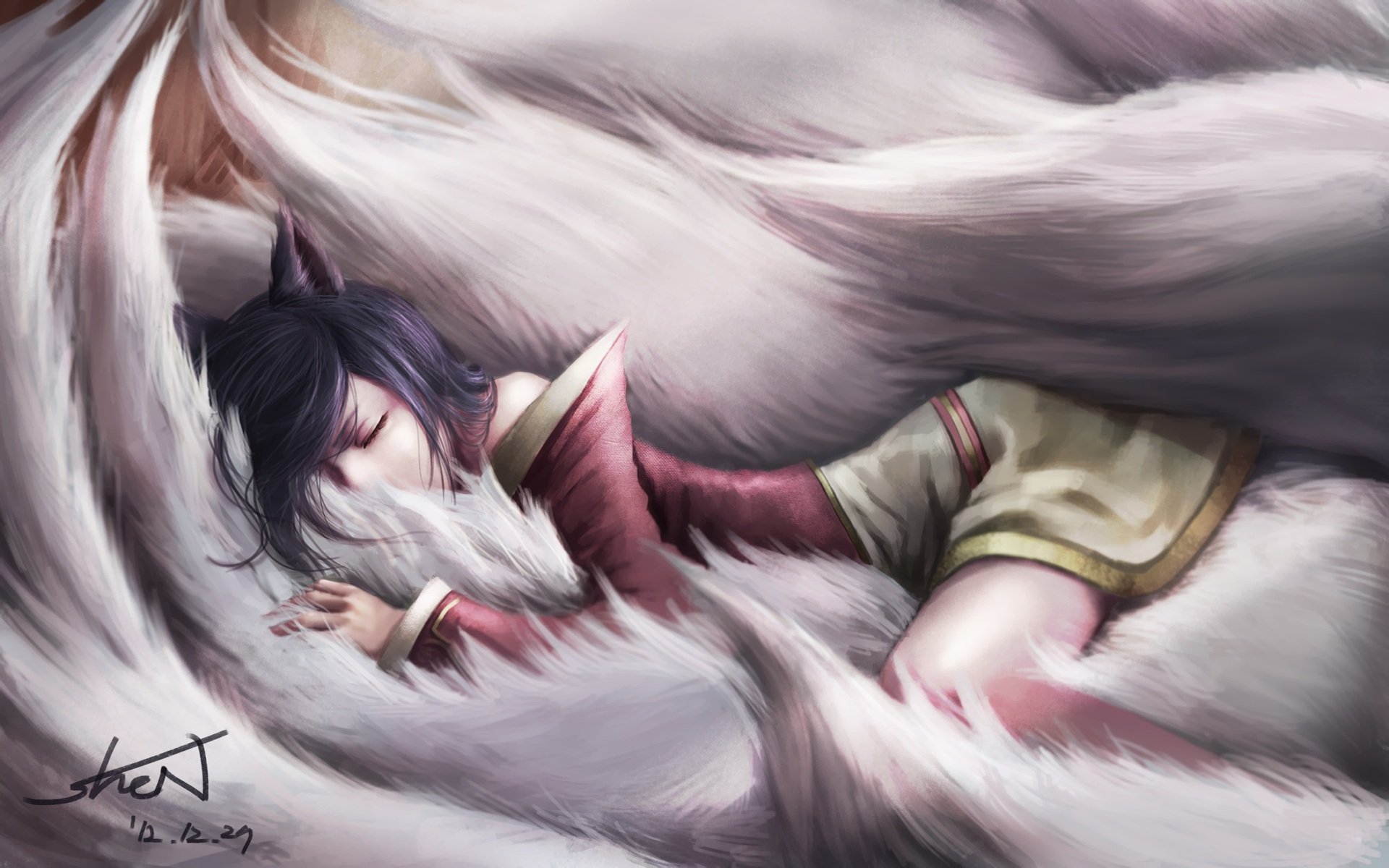 kunst league of legends ahri mädchen schlafen schlafen schwänze