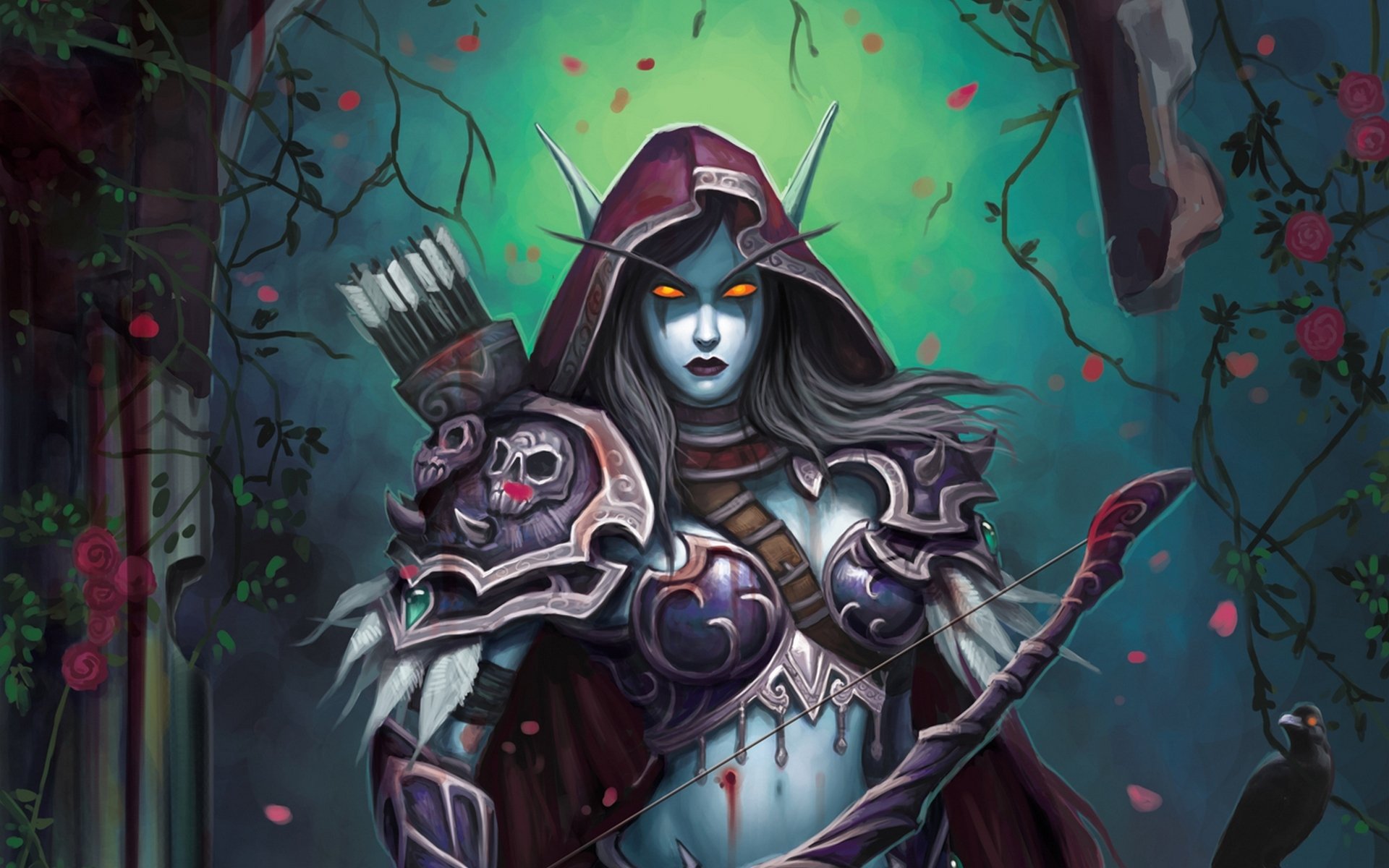 mondo di warcraft wow lady silvana windrunner elfo fantasia arco frecce armatura fiori rose notte