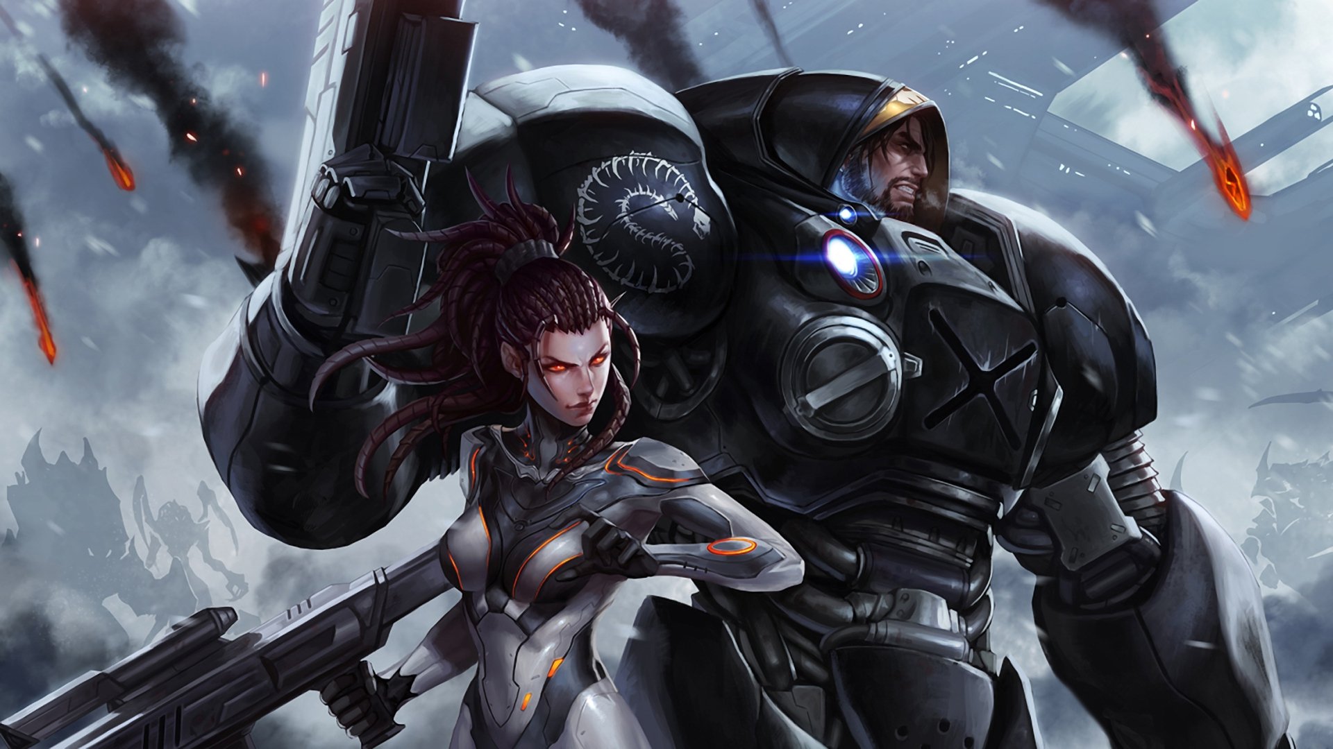 tarcraft sarah kerrigan jim raynor desant broń zbroja dym ogień sylwetki