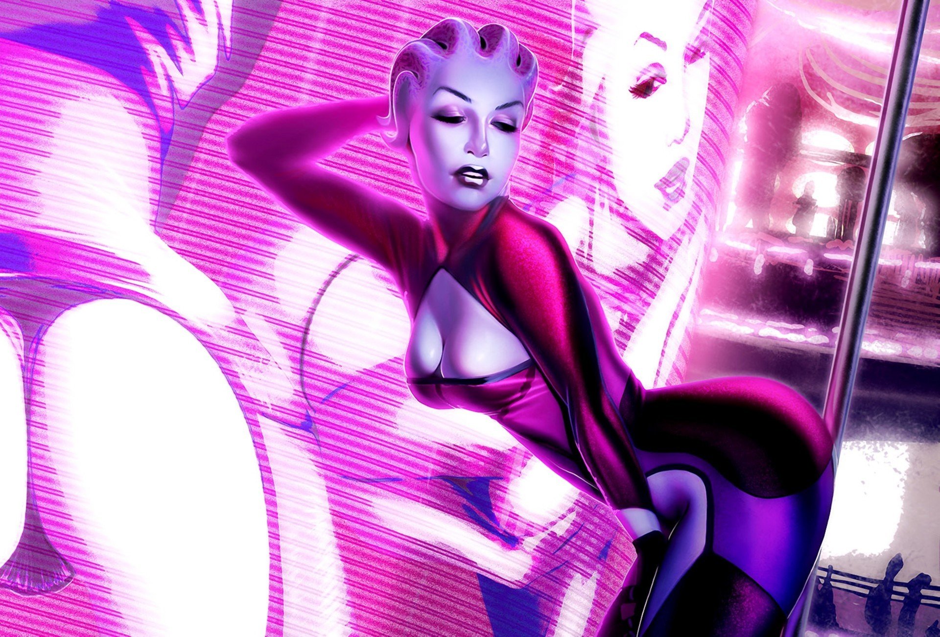 fanart mass effect azari dziewczyna bar omega ekran taniec słup poza