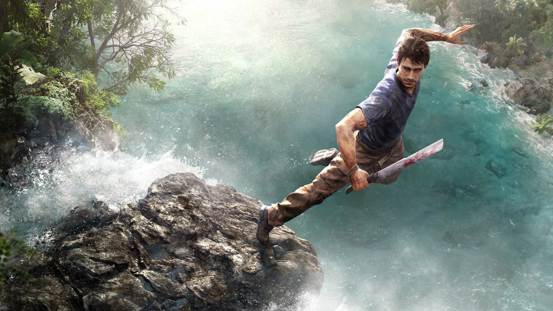 far cry 3 ubisoft jason brody giungla protagonista machete tatuaggio tatau sangue pietra guerriero rakyat salto acqua cascata