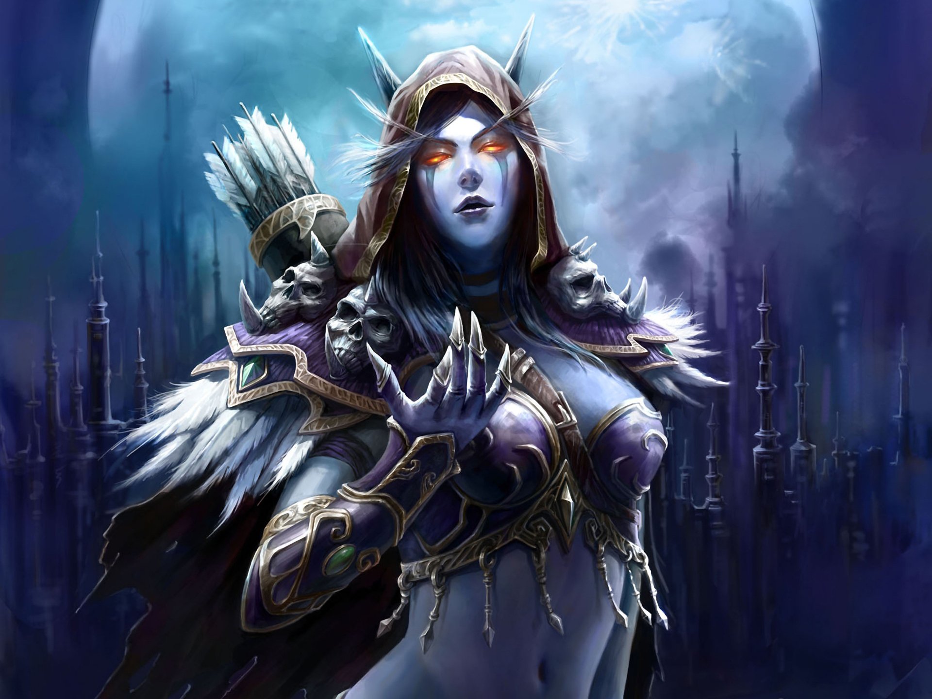 world of warcraft wow silvana windflügel elfe pfeile köcher rüstung schädel dornen türme