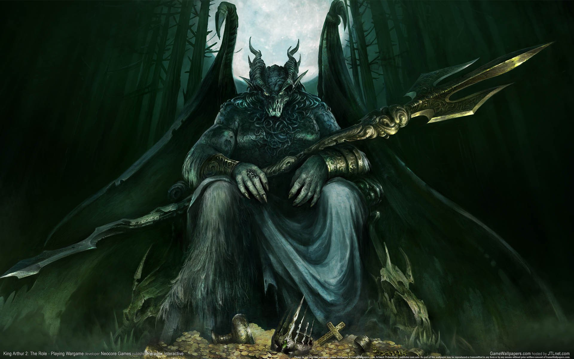 king arthur 2 rôle-joué par wargame démon monstre ailes cornes lune forêt armes trésor