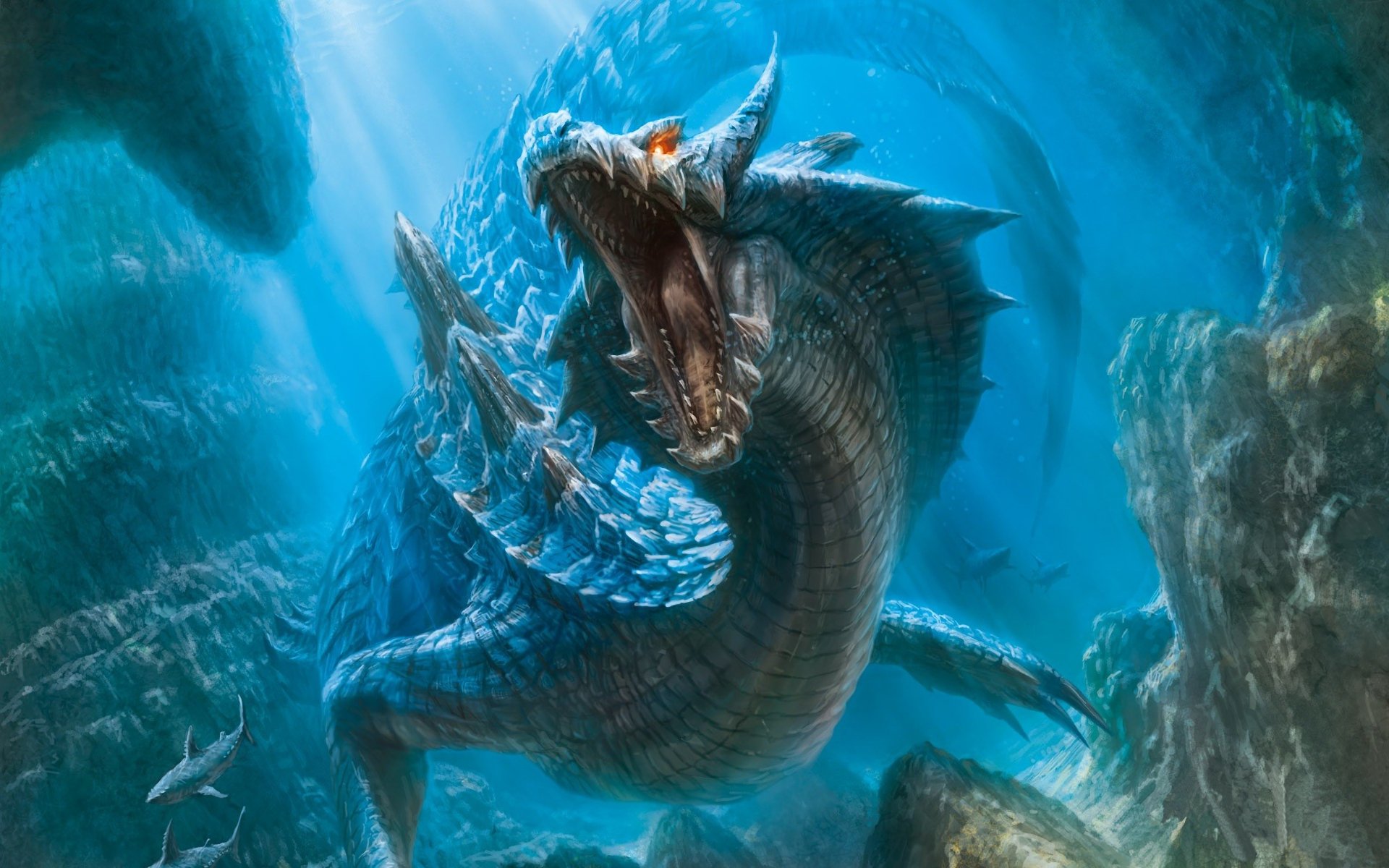 monster hunter drago bocca mondo sottomarino squali luce fondo