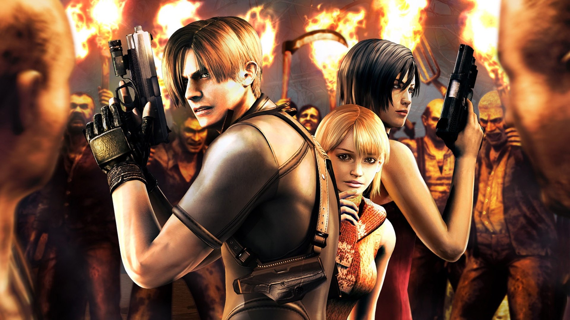 resident evil 4 leon scott kennedy ada wong ashley graham ashley graham dorfbewohner fackeln waffen pistolen zöpfe gabeln munition feuer umgebung