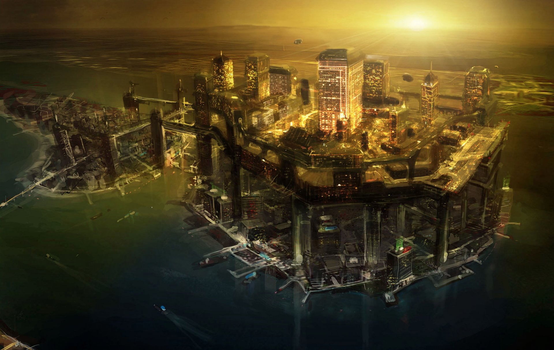 deus ex 3 art ville nuit futur coucher de soleil