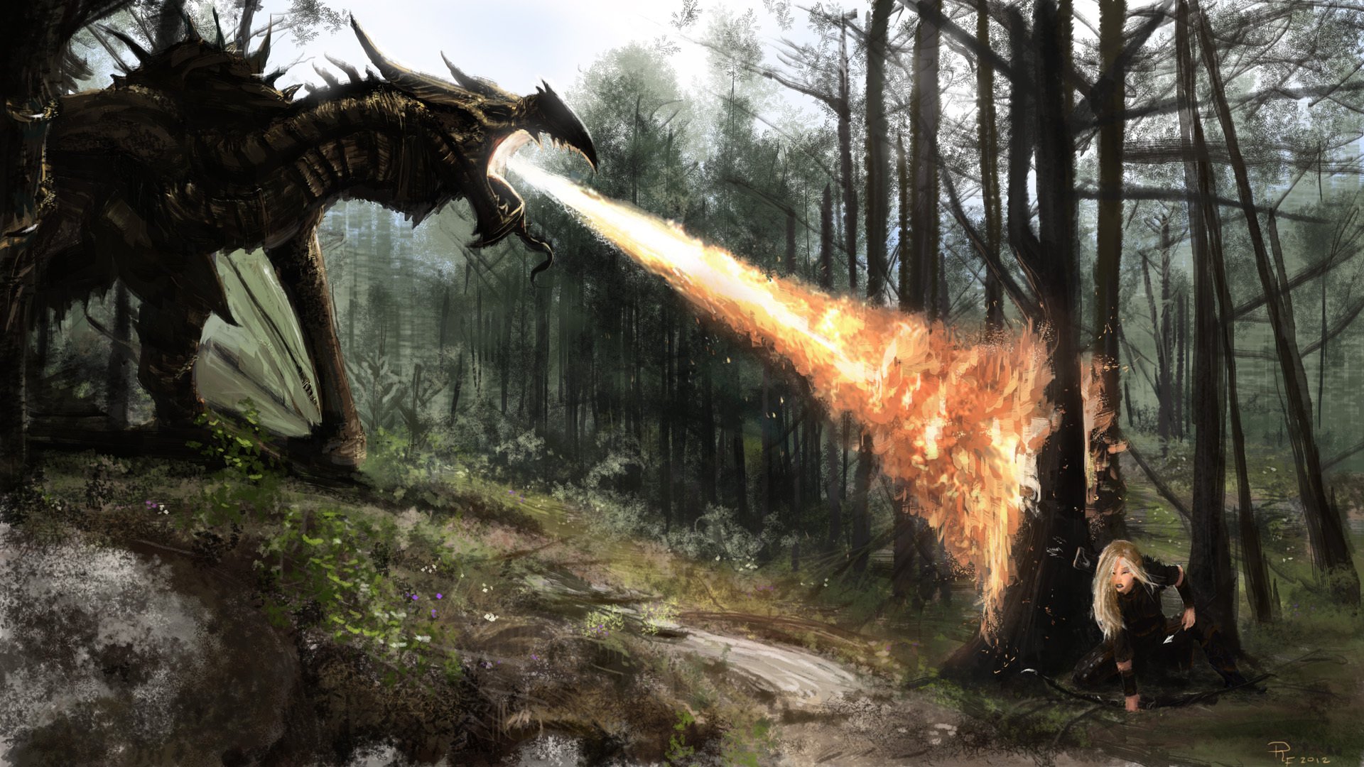 art skyrim forest dragon girl fire hides battle