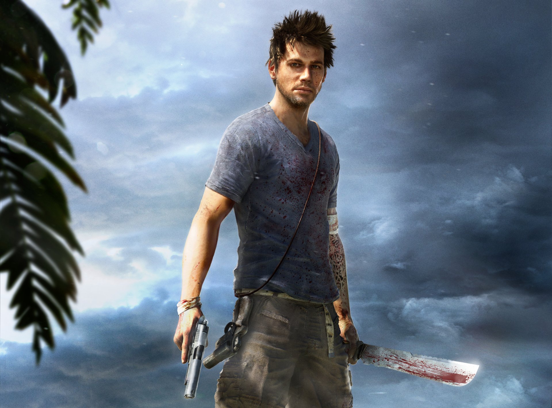 far cry 3 ubisoft jason brody dżungla bohater broń niebo chmury maczeta pistolet wyrzutnia rakiet tatuaż krew neogaf
