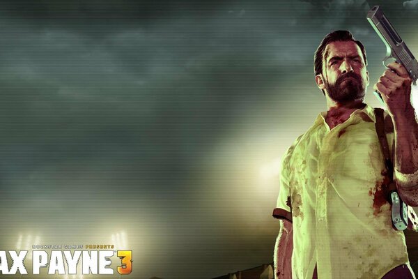 A man with a beard and a gun against a stormy sky from Max Payne