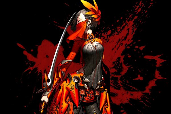 Chica en traje negro y rojo con una espada