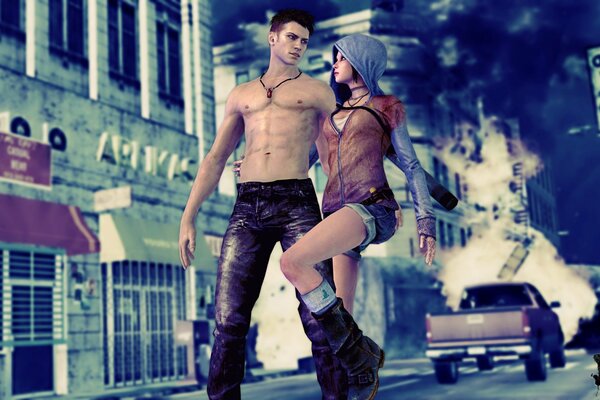 Spiel devil may cry 5 dmc. die Stadt. dante in jeans mit einem mädchen in shorts mit kapuze auf dem kopf vor dem hintergrund eines zerstörten autos