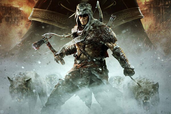 A man with an axe , two wolves in the back