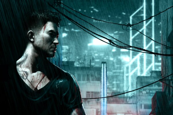 Sztuka bohatera z sleeping dogs w deszczowym mieście