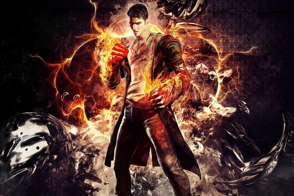 Personaggio del gioco per computer con le mani in fiamme pronto per la battaglia