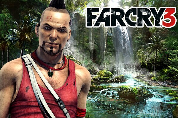 A man in a T-shirt on an island with a waterfall