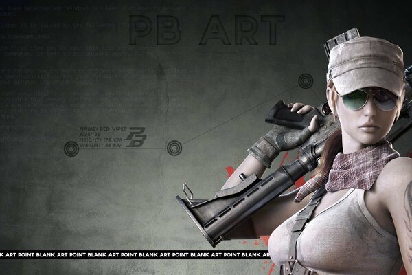 A fighter girl with a magnificent bust in a cap and aviator glasses holds a rifle on her shoulder