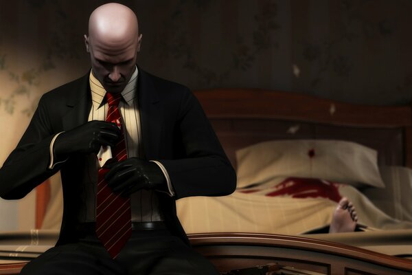 A male killer in gloves hides a weapon