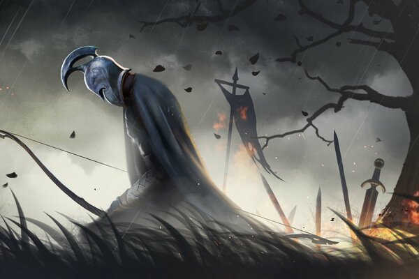 A warrior with a bow and helmet on the battlefield