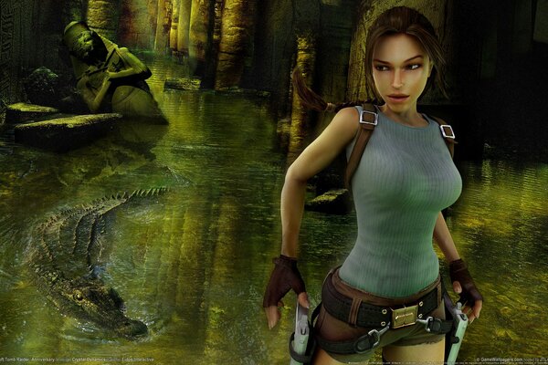 Lara Croft sullo sfondo di una tomba sommersa