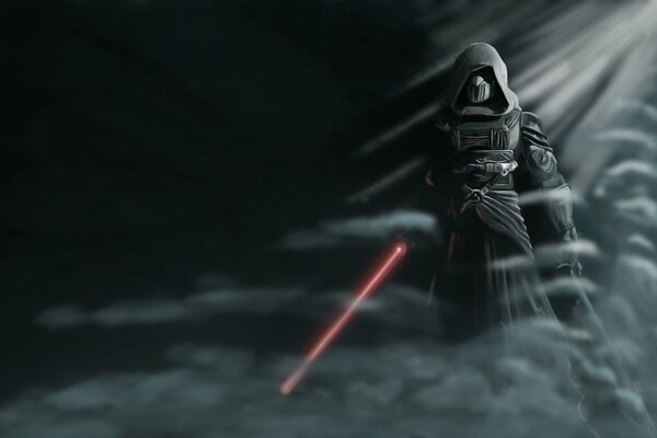 The movie Star Wars. Playing with a lightsaber in the fog