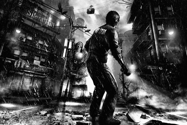 Murphy Pendleton sullo sfondo della città di Silent hill carta da parati