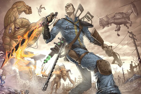 Un hombre en un juego post-apocalíptico Fallout rodeado de monstruos, mutantes y otros ceño fruncido
