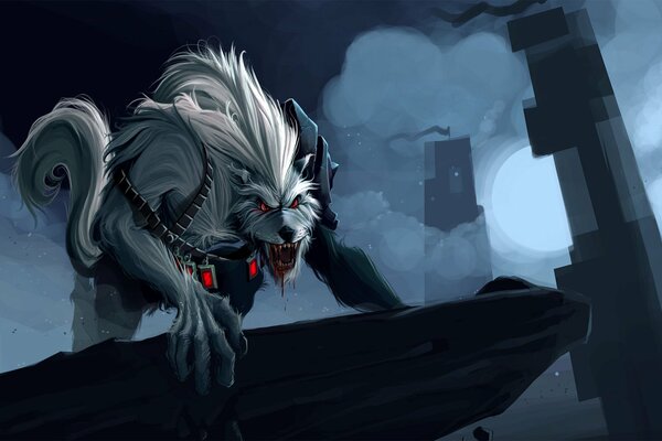 A demonic wolf with a bloody mouth on the background of the moon