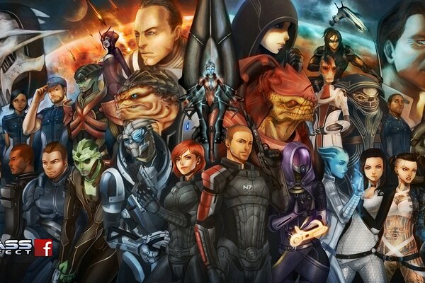 Poster per il gioco Mass Effect con tutti i personaggi
