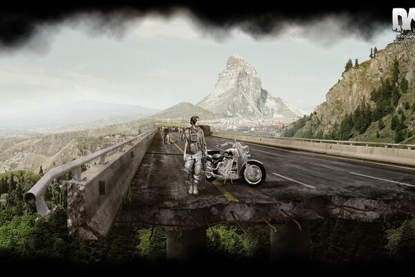 Post-Apocalipsis, camino roto, motocicleta y niña