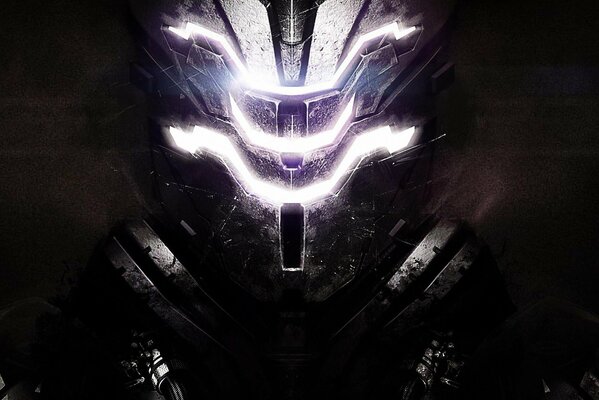 Huge glowing metal helmet