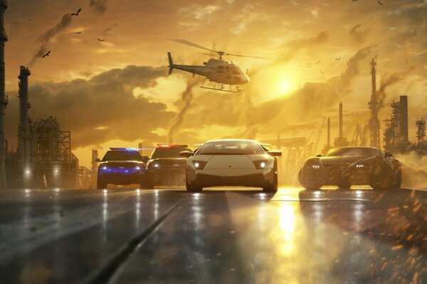 Helicopter and police car chase
