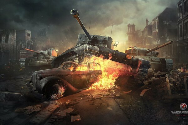 A27M tank in the city in smoke and flames