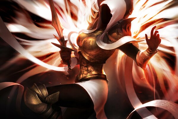 Auriel in a hood with a beautiful blade