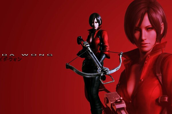 Fille avec des armes sur fond rouge