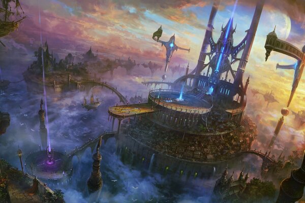 Beautiful flying city above the clouds