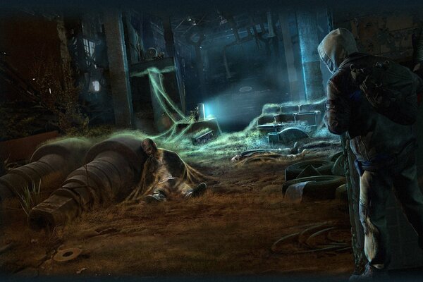A human soldier in an abandoned stalker building