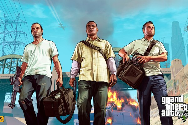 Michael, Franklin y Trevor armados en medio de un coche bomba
